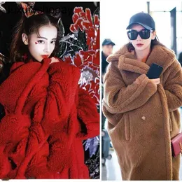디자이너 Maxmaras Teddy Bear Coat Womens Cashmere Coats 양모 겨울 노래 Qian Liu Tao 같은 스타일의 핑크 테디 베어 코트 여성 미드 길이 모방 양모와 Co lpo0 lpo0