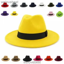 Kvinnor Winter Yellow Classic Elastic Fedora Hat Unisex Wool Felt jazzhattar Eleganta män breda Brim Panama Trilby Cap