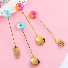 Dinnerware Sets Donut Cute Stainless Steel Doughnut Dessert Spoon Fork Coffee Ice Cream Candy Kitchen Flatware Baby Kids Teaspoon