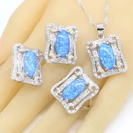 Collares Conjuntos de joyas de ópalo azul para mujer Collar de boda Colgante Pendientes de aro Anillos Caja de regalo de cumpleaños