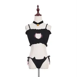 Hel-cosplay kawaii underkläder set katt broderi bh bror bell choker krage kvinnor underkläder244e