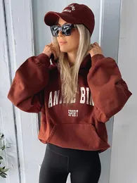 Retro Ripped Letter Sweatshirts for Women Autumn and Winter Clothing Loose Hooded Sweatshirt Fashion Hoodies Pullovers Tops 240115