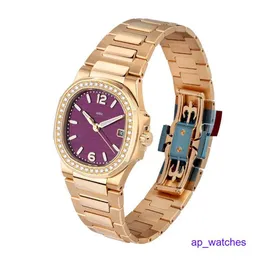 Luxury Pateksphilipes 7010/1R-003 Watches 32mm Purple Index Hour Markers Dial Rose Gold Women's Wristwatch Mechanical Automatic Watch FUN SLZW
