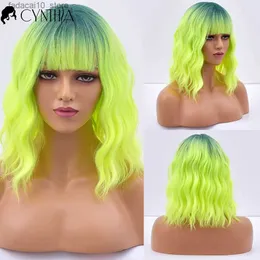 Synthetische Perücken für Damen, Cosplay, kurze Wellen, natürliches Haar, synthetische Perücken mit Pony für Frauen, hitzebeständig, tägliche Ombre-Grünfaser-Perücke, Q240115