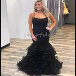 Abito da ballo a sirena nero con scollo all'americana Plus Size Top con applicazioni Abiti da sera in pizzo Increspature Abito da cerimonia formale a strati Abito da compleanno elegante 2024 Vestios De Fiesta