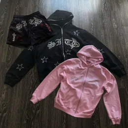 Y2K Rhinestone Zip Up Oversized Sweatshirts of Women autumn Goth Hoodies Pink Hooded Jacket Streetwear clothing 240115