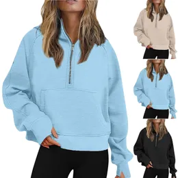 Çeyrek Zip Up Kadın Sweatshirts Yarı Fermuar Katı Kazak Polar Kapak Hoodies Güz Kıyafetleri Büyük Boy Gevşek Kırış Kış Ceket 240115