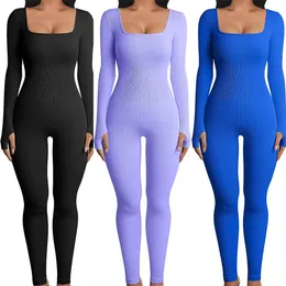 Dünner Damen-Overall, einfarbig, gerippter Strick, langärmelig, quadratischer Ausschnitt, figurbetonter Jumpsuit, Workout, Sport, Yoga, Playsuits 240115