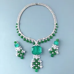 Luksusowy modny naszyjnik kolczyki stadnina Kobiety Lady Inlay Cydron Syntetyczny paraiba duży wisiorek zielony koraliki Zestawy biżuterii 240115