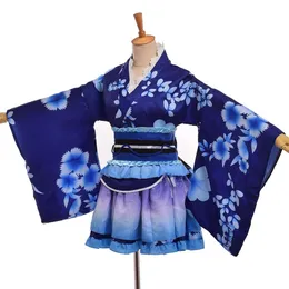 Japanese Yukata Kimono Costume Sonoda Umi Blue Anime Cosplay Robe217Q