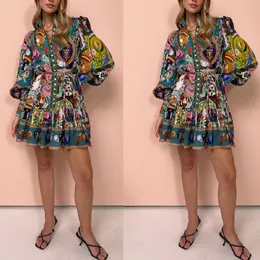 2024オーストラリアのデザイナーファンシーレディースロングドレス抽象パターンが集まった腰を整える長袖プリントリボンコットンリネンプリーツドレス女性