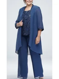 Plus size conjuntos de correspondência 2023 azul 3 peças conjunto roupa para o casamento mãe da noiva vestido 34 mangas chiffon rendas calças femininas 240115