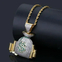 US Money Bag Stack Cash Coins Pendant Halsband Guld Iced Out Bling Cubic Zircon Necklace Men Hip Hop Jewelry302D