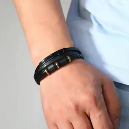 Charme pulseiras na moda couro preto homens aço multicamadas trançada combinação corda para jóias hombre