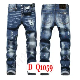 Mens Jeans Luxo Itália Designer Denim Jeans Homens Calças Bordadas DQ21059 Moda Wear-Holes Splash-Ink Stamp Calças Roupas de equitação de motocicleta US28-42/EU44-58