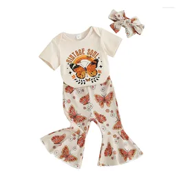 Kleidungsstücke Sets Säugling Baby Mädchen Sommer -Outfit Schmetterling Vintage Soul Kurzärmel Strampler Flare Hosen Stirnband süße geborene Kleidung