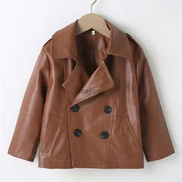 Jackets hoodies Spring Autumn Fashion Pu Leather Toddler Girls Casual Long Sleeve Jacket Brown Lapel Single-Breasted Leather Coat Outerwearl240115