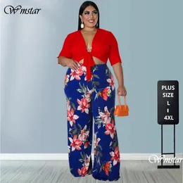 Wmstar Plus Size 2 Piece Outfit Summer Solid Bandage Crop Top Print Wide Leg Pants Matching Set Wholesale Drop 240115