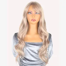 Peruk för kvinnor med figur Bangs Big Wavy Long Hair Dyed Blond Wig Set Fashionable Perk Högtemperatur Silkhuvudskydd240115