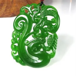 Ny Natural Jade China Green Jade Pendant Necklace Amulet Lucky Dragon och Phoenix Statue Collection Summer Ornament208g