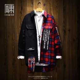 Ins marca hip hop emenda xadrez manga solta moda masculina longa china-chique camisa jaqueta bf