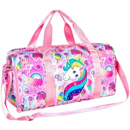 Crianças Duffle Bag Para Viagens Com Compartimento De Sapato Meninas Ginásio Dança Ballet Weekender Durante A Noite Unicórnio Arco-íris Sereia Rosa Roxo 240115