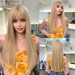 Synthetic Wigs EASIHAIR Long Straight Blonde Golden Lolita Wigs with Bangs Beige Synthetic Hairs Wig for Women Daily Party Heat Resistant Fiber Q240115