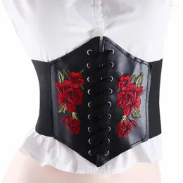 Belts Elastic Punk PU Leather Embroidery Slimming Rose Pattern Women Belt Waist Corset Female Dress Cummerbunds Waistband