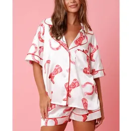 Valentinstag-Pyjama für Damen, einreihiges Kurzarm-Hemdoberteil mit Herzdruck und Loungewear mit hoher Taille, 240115