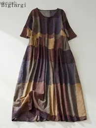Basic Casual Dresses Basic Casual Dresses Robe longue d't grande taille pour femmes en coton et lin carreaux dcontracte la mode 2023 YQ240115
