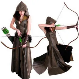 Mittelalterliche Cosplay-Mode für Damen, Anime, Wikinger, Renaissance, mit Kapuze, Bogenschütze, Leder, langes Kleid, ärmellos, Maskerade, 2022, Neu, T2208249A