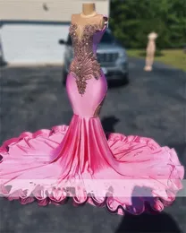 Vestido de baile sereia com glitter rosa 2024, para meninas negras, strass de cristal brilhante, miçangas, festa de aniversário, vestido de noite