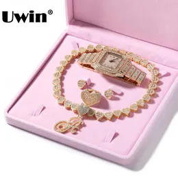 Uwin Iced Out Halsband/örhängen/ring/armband/titta på smycken Set för kvinnor som bling kubik zirkon hjärtform mode smycken 240115