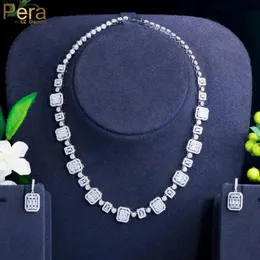 Necklaces Pera Classic White Square Cut Cz Zircon Women Wedding Chocker Necklace and Earrings Sets for Brides Party Jewelry J449