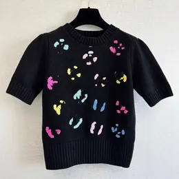 Damen-Pullover mit O-Ausschnitt, kurzen Puffärmeln, Frottee-Logo-Stickerei, gestrickt, Farbverlauf, T-Shirts SMLXL