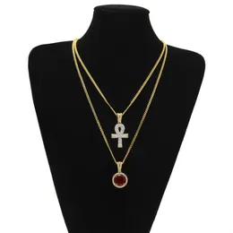 Egyptiska stora ankh -nyckelhängen halsband sätter runt rubin safir med strass kors charms kubanska länkkedjor för mens höft ho257i