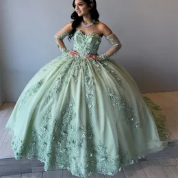 Green Quinceanera klänningar från axelbollklänningen söt 15 16 Vestidos de 15 anos Applique Tull Birthy Gala Princess Pageant Holiday