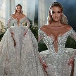 Luxury Pearls Mermaid Wedding Dresses Detachable Train Sequins Off Shoulder Bridal Gowns Long Sleeves Illusion Bride Dresses Custom Made