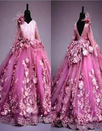 Vestidos de flores hechos a mano de lujo en 3D para niñas, vestido de fiesta con cuello en V, cuentas de plumas, vestido de desfile para niños hinchados, vestidos de primera comunión de princesa 2001435