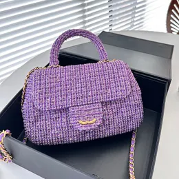 24C Women Women Designer Handle Bolsa de ombro Purple Tweed Wool Nictins listras coloridas Decoração Cadeia de hardware de ouro 20.5x13cm Tote de luxo Bolsa Cross Body