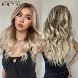 합성 가발 Henry Margu Ombre Brown Blonde 레이스 가발 여성을위한 천연 웨이브 컬러 합성 모발 가발 13*1 T 부분 내열 섬유 Q240115