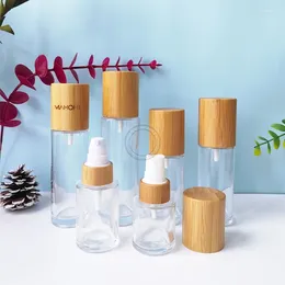 Garrafas de armazenamento 20ml a 120ml vidro transparente bomba de bambu loção spray álcool desinfecção removedor de maquiagem pressão de água tomar frascos de garrafa