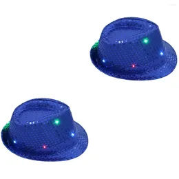 Ball Caps 2pcs LED Luminous Jazz Hat Stage Props Flash Hats With Glitter Sequins Decor For Party (Blue)