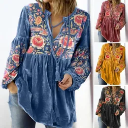 Dames Blouses Dames Top V-hals Retro Bloemenprint Lange mouw Los Trekkoord Pullover Geplooid Halflang Patchwork Zacht Informeel Dame Herfst