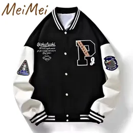 Lettera P Trendy Baseball Coat Color Color Matching Striped Collar Giacca da uomo Canda da braccio retrò personalizzato per uomini 240113