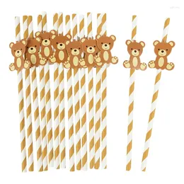 Disposable Cups Straws 20pcs Bear Paper Straw Little Cutie Teddy Heart Drinking Baby Shower Decoration Kid Birthday Party Supply