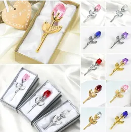 Valentines 10 Colors Day Gift Crystal Glass Artificial Sier Gold Rod Rose Flower Girlfriend Wedding Gifts for Guest s