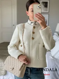 Kondala vintage lã solta elegante jaquetas femininas botão bolso sólido branco casacos moda outono escritório senhora outwear 240115