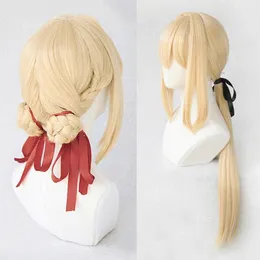 Violet Evergarden Ponytail Örgü Çörekler Sarışın Saç Isıya Dayanıklı Cosplay Kostüm Peruk Köpek Şeridi Y0903276N