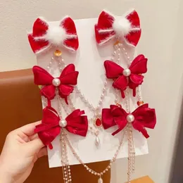 Accessori per capelli Catena di perle Nappa Fiocco rosso Clip Frangia Anno Principessa Fronte Tang Abito Testa Indossare Forcina con sfera in peluche